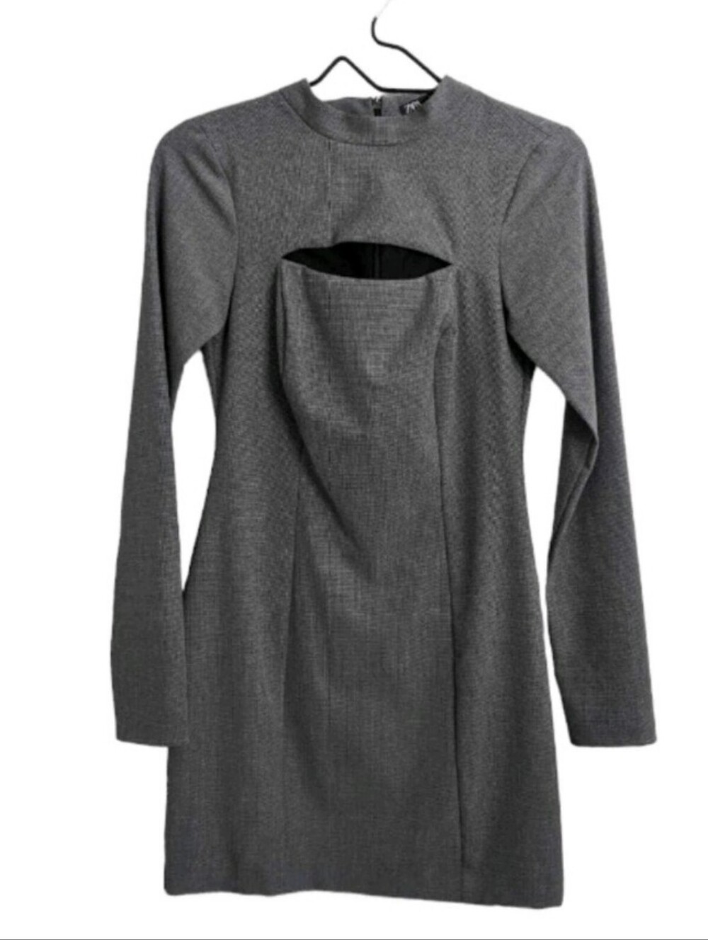 Zara Gray Houndstooth Mini Dress Size S Mock Neck Chest Cut-Out Long Sleeve Chic
